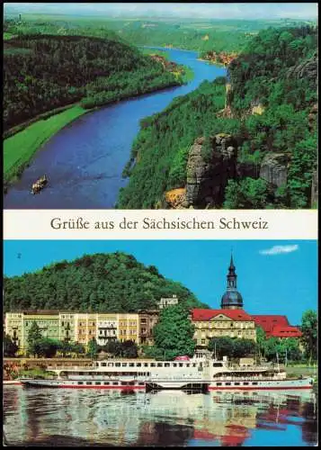 Bad Schandau Blick von der Basteiaussicht, Schaufelradschiff Wilhelm Pieck 1983
