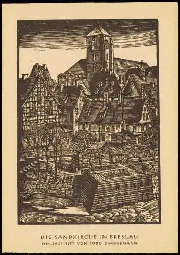 Breslau Wrocław Die Sandkirche Holzschnitt von Bodo Zimmermann 1960