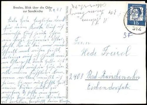 Postcard Breslau Wrocław Blick über die Oder zur Sandkirche 1963