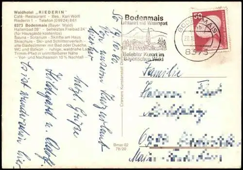 Ansichtskarte Bodenmais MB Wald-Hotel Riederin 1978