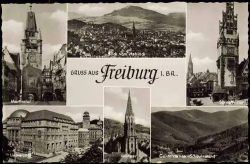 Ansichtskarte Freiburg im Breisgau MB: Martinstor, Stadt, Schwabentor 1954