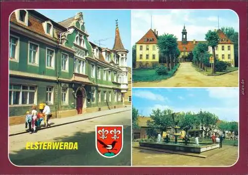 Ansichtskarte Elsterwerda Wikow Rathaus, Schloss, Markt mit Springbrunnen 1990