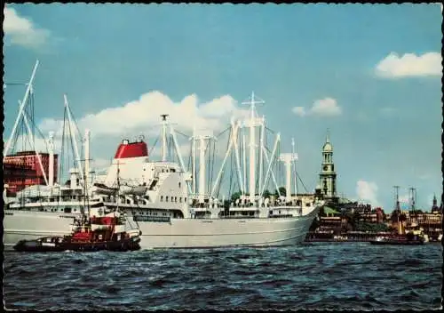 Ansichtskarte Hamburg Hafen mit Schiffen und Michaeliskirche 1968