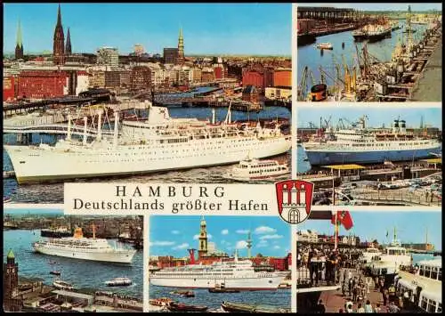 Altona-Hamburg Hafen Mehrbildkarte mit Schiffen und Passagierschiffen 1975