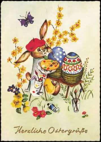Ansichtskarte  Ostern Easter Künstlerkarte Osterhase bemalt Eier 1969