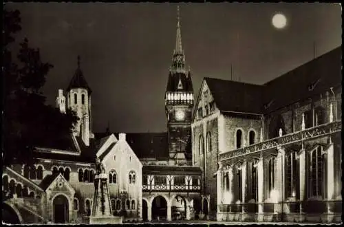 Ansichtskarte Braunschweig Burgplatz bei Nacht Vollmond Stimmungsbild 1965