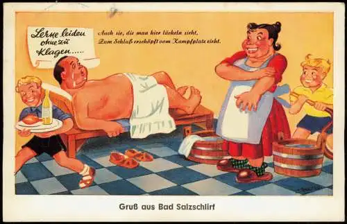 Ansichtskarte Bad Salzschlirf Scherzkarte Mann auf Massagebank 1961