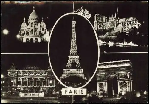 CPA Paris La NUIT Le Sacré-Coeur La Tour-Eiffel Notre-Dame 1962
