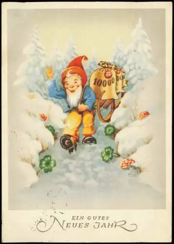 Ansichtskarte  Neujahr Sylvester New Year Zwerg mit Geldsäcken 1959