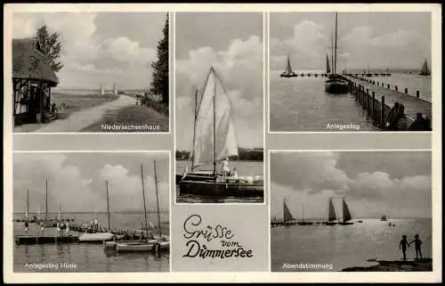 Ansichtskarte Hüde Mehrbild Steg Segelboote Niedersachsenhaus 1955