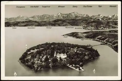Konstanz Luftbild Insel Mainau mit Beschreibung der Orte u Berge 1953