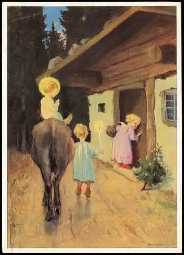 Ansichtskarte  Weihnachten Christmas Engel vor Hütte Künstlerkarte 1954