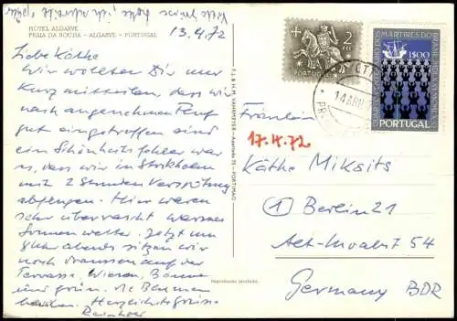 Postcard Alvor Praia da Rocha HOTEL ALGARVE 1973