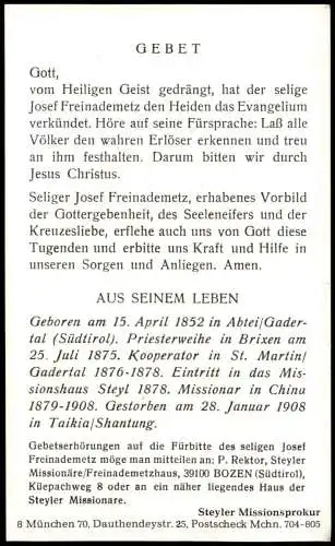 Geistliche Kirche Religion Missionar Josef Freinademetz in China 1970