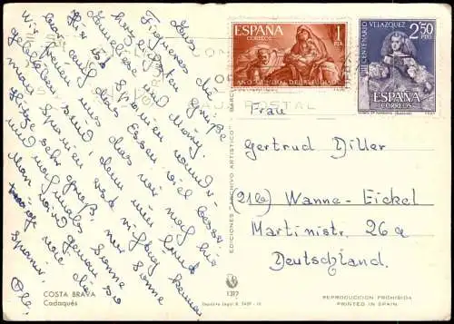 Postale Cadaques Stadtpartie - Costa Brava 1962