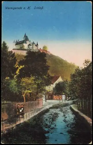Ansichtskarte Wernigerode Schloß Flußlauf mit Kindern 1914