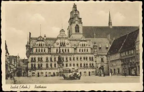 Ansichtskarte Zerbst Rathaus Markt Bus 1942  gel. Feldpoststempel WK2