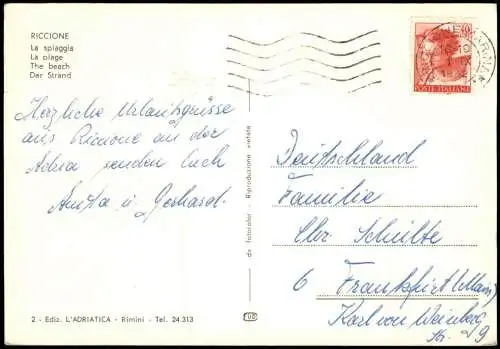 Cartolina Riccione La spiaggia/Strand Hotels 1962