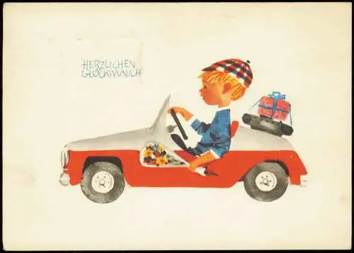 Ansichtskarte  Geburtstag Birthday Junge im Auto Künstlerkarte 1978