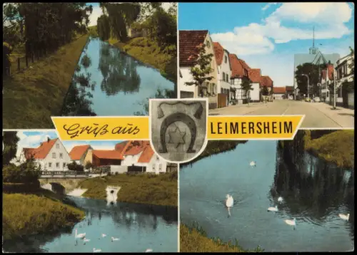 Ansichtskarte Leimersheim 4 Bild mit Straße, Bachlauf und Schwänen 1976