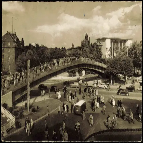 Ansichtskarte Düsseldorf Aluminium-Brücke und Europa-Halle 1959