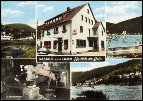 Hasloch Mehrbildkarte u.a. mit Gasthaus Zum Lamm und Freibad 1967