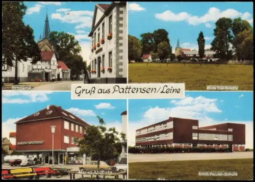 Pattensen Mehrbild-AK Ortsansichten u.a. Schule, Kirche undMarien-Apotheke 1974