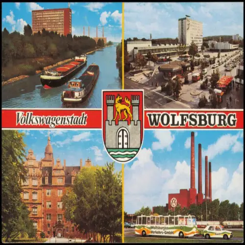 Wolfsburg Mehrbildkarte mit Stadtteilansichten u.a. VW-Werk 1980