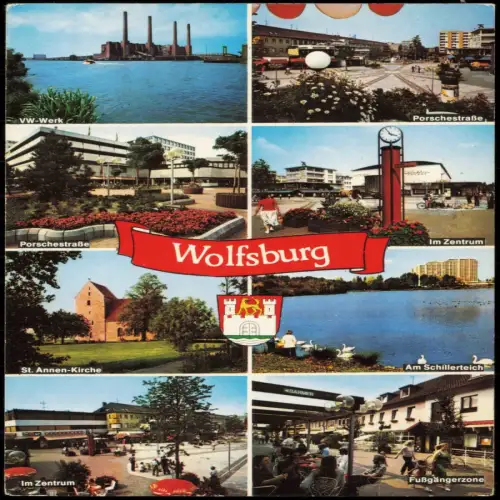 Wolfsburg Mehrbild-AK u.a. VW-Werk, St. Annen-Kirche Porschestraße 1980