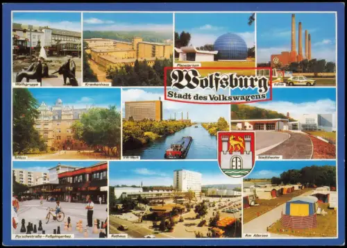 Wolfsburg Mehrbild-AK mit Krankenhaus, Schloss, VW-Werk, Rathaus uvm. 1979