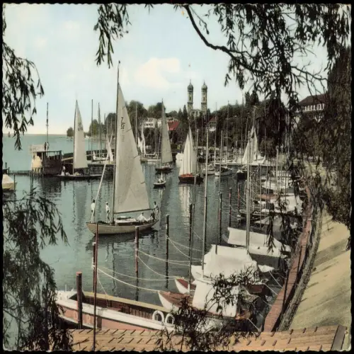 Ansichtskarte Friedrichshafen Yachthafen und Schlosskirche 1950