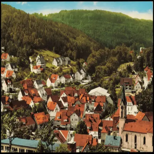 Ansichtskarte Heigenbrücken Dorfansicht mit Kirche und bewaldetem Tal 1978