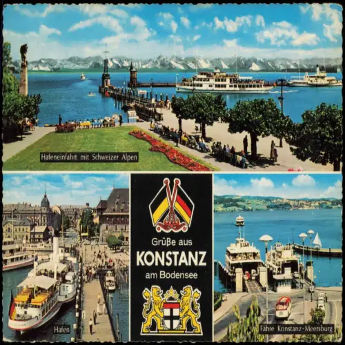 Konstanz Mehrbildkarte u.a. Hafeneinfahrt mit Schweizer Alpen 1963