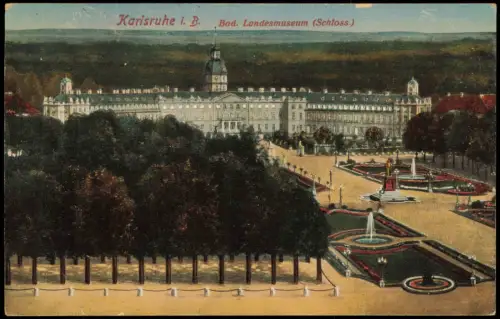 Ansichtskarte Karlsruhe Panorama-Ansicht mit Bad. Landesmuseum (Schloss) 1920
