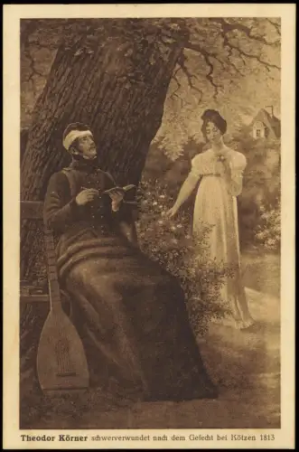 Künstlerkarte: Theodor Körner schwerverwundet nach  Gefecht   Kötzen 1813 1910