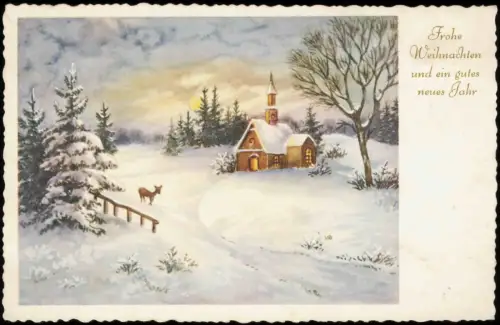 Ansichtskarte  Neujahr Sylvester New Year Reh im Winter vor Kirche 1957