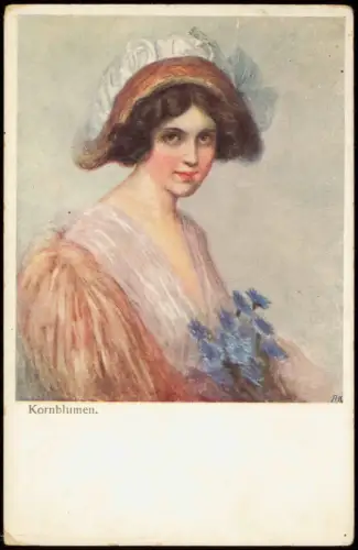 Ansichtskarte  Künstlerkarte: Gemälde Frau mit Kornblumen 1918
