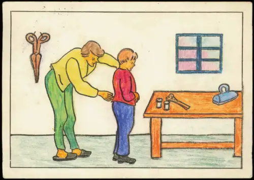 Ansichtskarte  Künstlerkarte Zeichnung Junge beim Schneider 1959