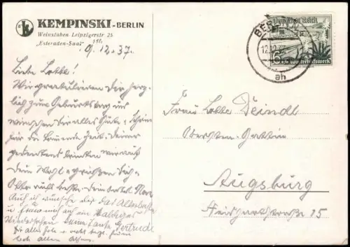 Ansichtskarte Berlin Weinstuben Kempinski Esteraden Saal 1937