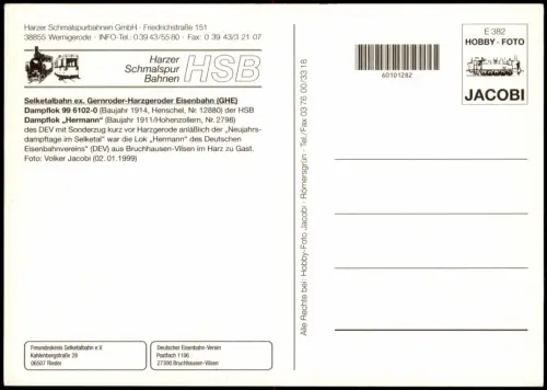 Selketalbahn Gernroder-Harzgeroder Eisenbahn Dampflok 99 6102-0 Hermann 1999
