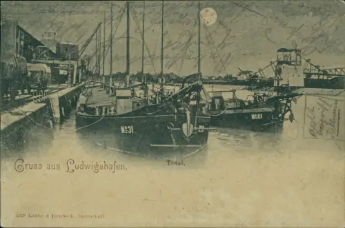 Ansichtskarte Ludwigshafen Hafen bei Mondschein 1900