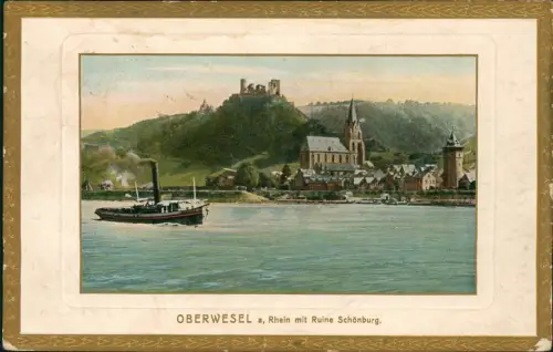 Ansichtskarte Oberwesel Dampfer und Stadt 1914 Gold