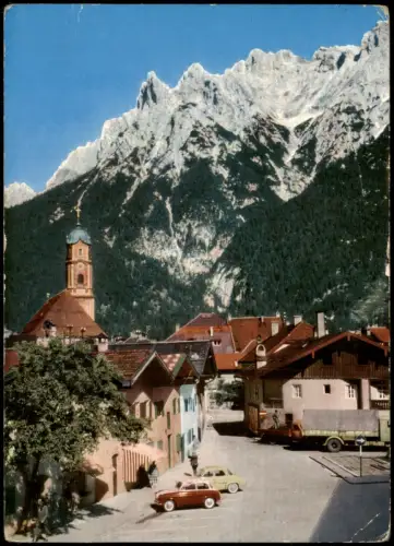 Ansichtskarte Mittenwald Karwendel mit Viererspitze, Autos 1963