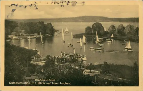 Ansichtskarte Kladow-Berlin Dampferstation mit Blick auf Insel Imchen 1954