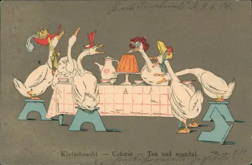 Tiere als Menschen Andromorphische Karte Gänse Kaffeeklatsch 1906