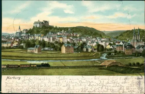 Ansichtskarte Marburg an der Lahn Dampflokomotive vor der Stadt 1906
