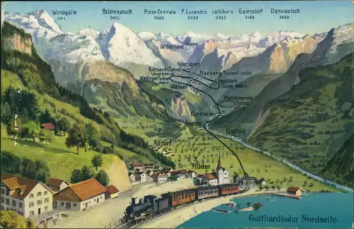 Ansichtskarte Flüelen Stadt Künstlerkarte Dampflokomotive 1914