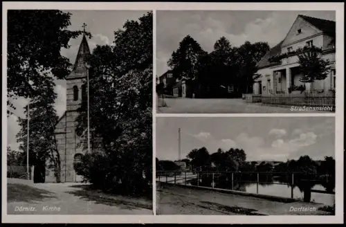 Ansichtskarte Dörnitz 3-Bild-AK Kirche, Strassen-Ansicht, Dorfteich 1910
