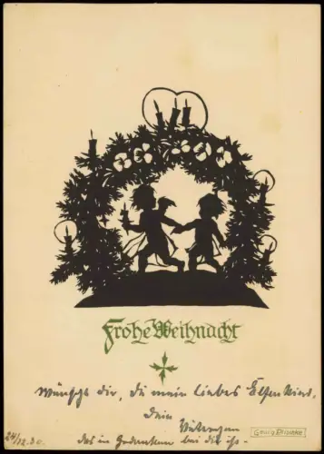 Weihnachten Christmas Schattenschnitt Plischke Karte Engel Kranz 1922