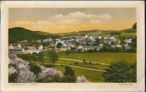 Ansichtskarte Weischlitz (Vogtland) Blick auf die Stadt Baumblüte 1929